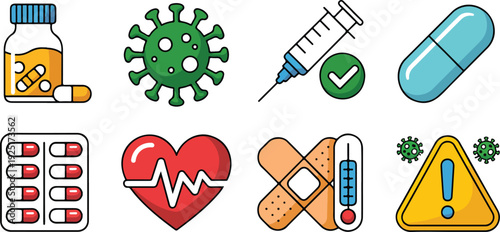 3D Healthcare Icon Set  Pills, Syringe, Thermometer, and Medical Tools