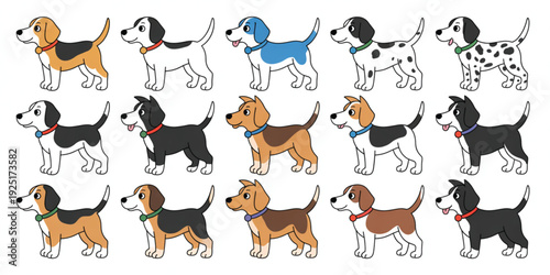 Large Vector Set of Cute Cartoon Dog Characters in Various Breeds and Colors, Including Terriers, Dalmatians, Beagles, and Mixed Breeds, Ideal for Pet