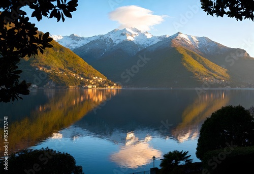 A tranquil lake reflects majestic snow-capped mountains and a soft cloud, surrounded by lush greenery at sunrise.