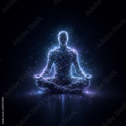 Glowing Human Silhouette Formed by Luminous Particles in Dark Abstract Space