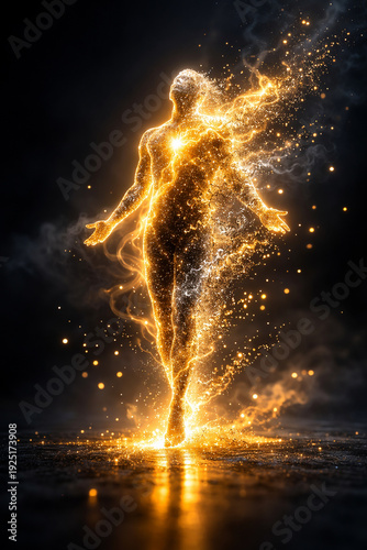 Golden Human Figure Dissolving into Glowing Energy Particles in Dark Space