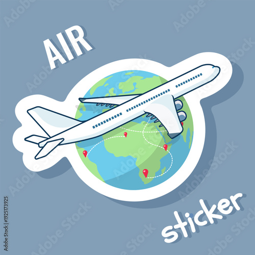 Vector sticker with airplane and globe, flat design, travel concept, adventure illustration, tourism icon, digital art for posters, web, and social media.