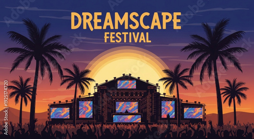 Dreamscape festival stage at sunset with palm trees and vibrant screens