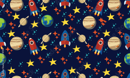 Seamless Space Pattern with Planets, Stars, and Spaceships