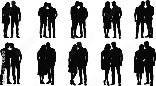 Vector illustration set of couple silhouettes with affectionate poses, embracing, kissing, leaning, intimacy, love decorative motifs