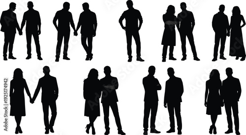Vector illustration set of couple silhouettes standing together, holding hands, relaxed poses, human connection decorative motifs