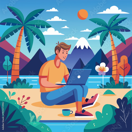 A man works on his laptop at a tropical beach paradise