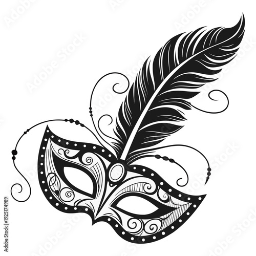 Intricate Venetian Masquerade Mask Line Art. Elegant Ornamental Design for Coloring and Decoration. Elegant masquerade mask with intricate filigree line art for events.