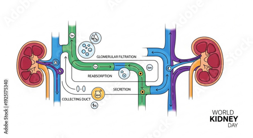 Detailed illustration of human kidney anatomy and urinary system with labeled components for educational purposes on world kidney day