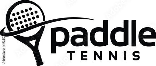 Black paddle tennis racket and text logo on white background  sports equipment and game concept