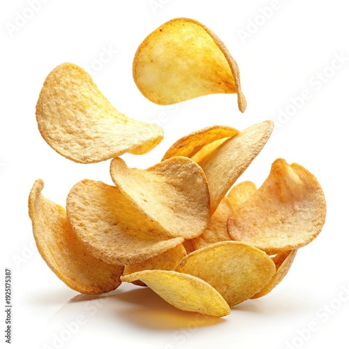 Crispy potato chips falling or flying isolated on white background