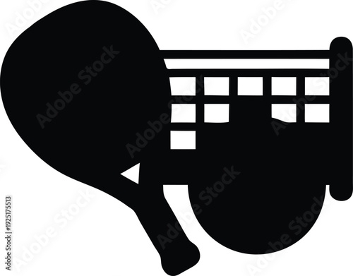 Solid black silhouette of table tennis racket and ball on white background