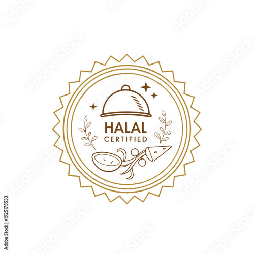 A gold halal certified logo with a covered dish and utensils