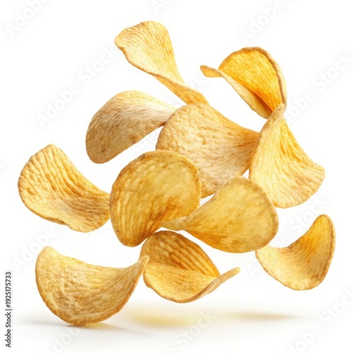 Crispy potato chips falling or flying isolated on white background
