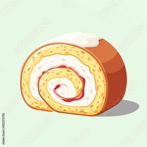Delicious illustration of a classic Swiss roll cake with cream and jam filling, topped with white frosting.