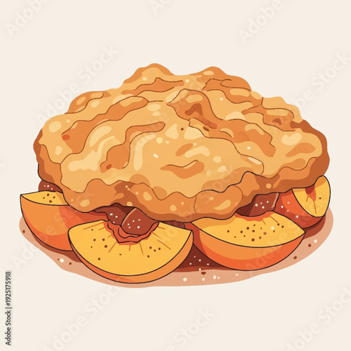 Delicious peach cobbler dessert with a golden-brown crust and fresh peach slices visible underneath, presented on a light background.