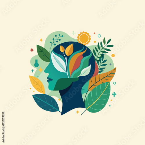 A vibrant illustration of a human head with leaves and flowers growing out of it