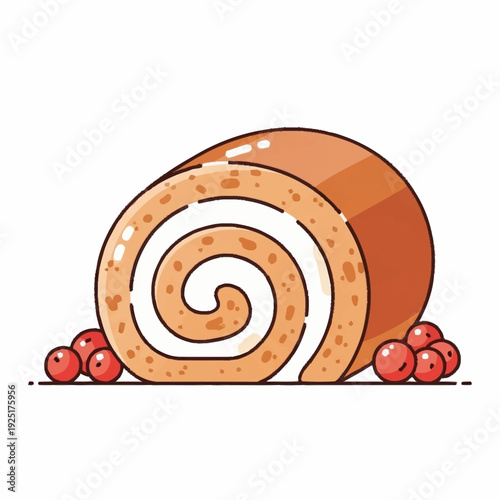 A cartoon illustration of a delicious Swiss roll cake with creamy filling and red berries.