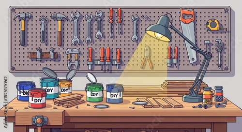 Cluttered workshop workbench with tools paint cans and lamp on wooden table pegboard background