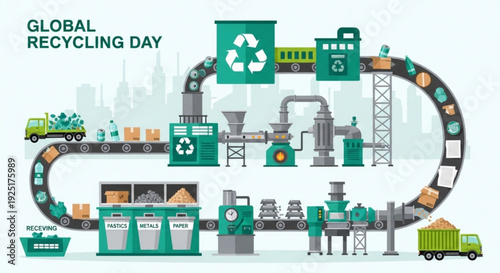 Global recycling day infographic illustration with recycling process and machinery