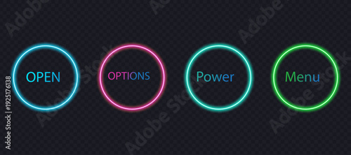 Neon circle button set with glowing round frame for game user interface menu navigation . Futuristic neon light ring frame set. Cyberpunk digital ui design button vector set.