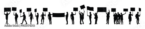 Crowd of people different ages poses holding placards banners sign and flags in solidarity demonstration silhouettes vector illustration isolated on white background.