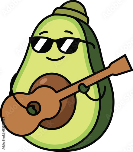 Cute Avocado Musician Cartoon Character Playing Guitar Vector Illustration.