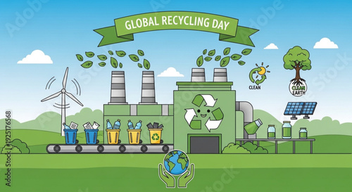 Global recycling day illustration with factory recycling symbol wind turbine solar panel and eco friendly elements