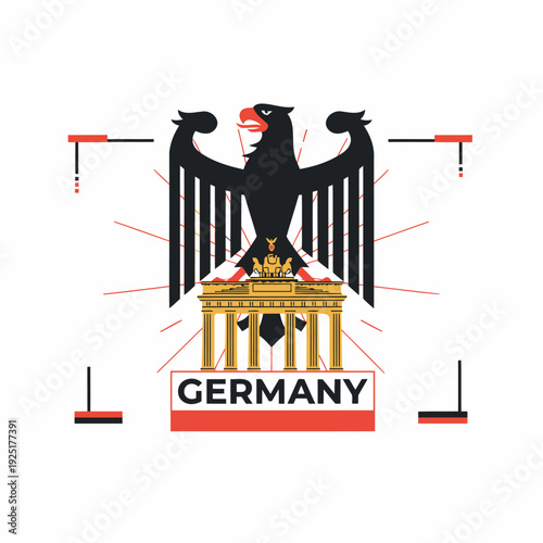 German Emblem: The bold silhouette of the German eagle soars above a stylized depiction of the Brandenburg Gate, a symbol of national pride, within the framework of targeted lines.