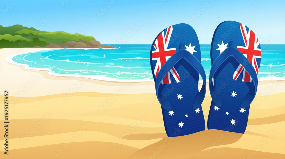 Naklejka premium Australia day independance day flip flops with the australian flag design sit on a sandy beach near turquoise water and an island