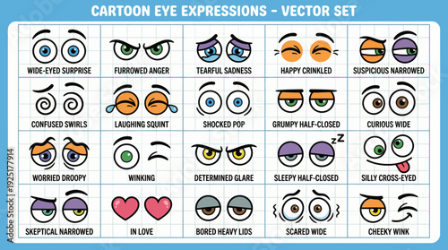Cartoon eye expressions vector grid showing emotions like happy, sad, angry, surprised, crying, winking, love, and playful reactions in animation style
