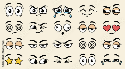 Cartoon eye expressions vector grid showing emotions like happy, sad, angry, surprised, crying, winking, love, and playful reactions in animation style