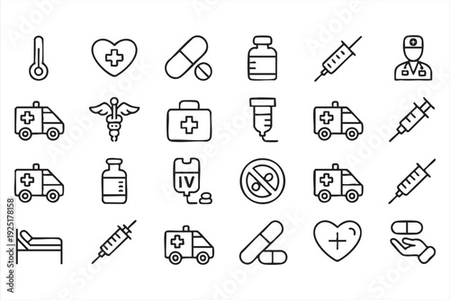 Pharmacy and patient care minimalist icon pack