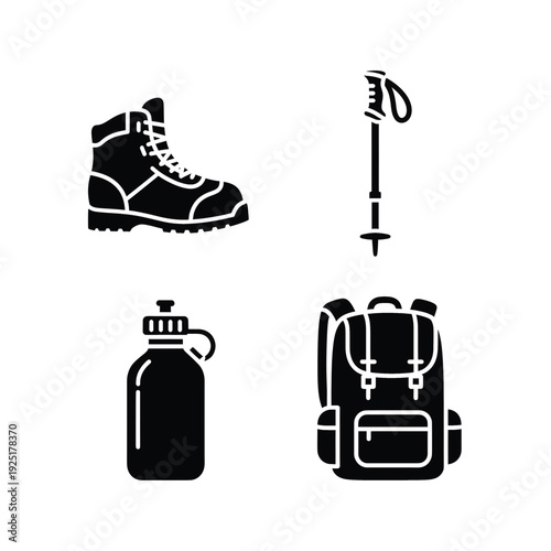 Set of 4 hiking and trekking gear icons vector