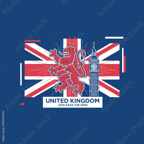 United Kingdom Emblem: An artistic rendering of the United Kingdom, featuring its flag, iconic lion, and the Big Ben clock tower, all set against a backdrop of deep blue.