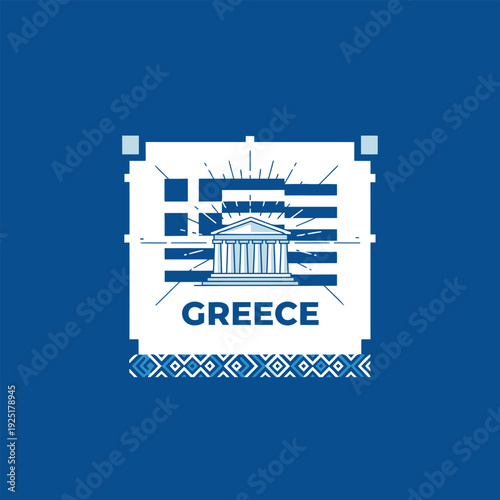 Greece: A meticulously designed emblem encapsulates the essence of Greece, merging iconic architectural elements with the nation's flag, all set against a backdrop of deep blue.