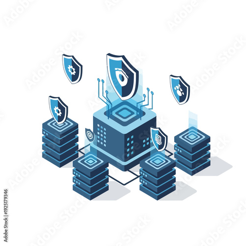 Isometric illustration of a secure server with shields and databases.