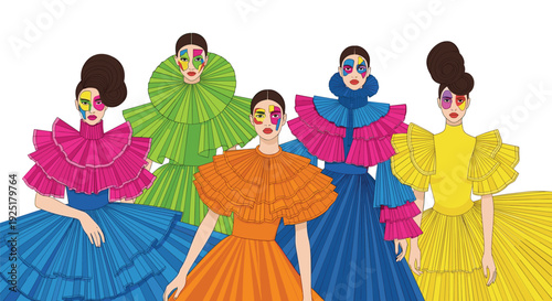 Five fashion models stand wearing elaborate ruffled gowns in bright pink, green, orange, blue, and yellow with dramatic makeup.