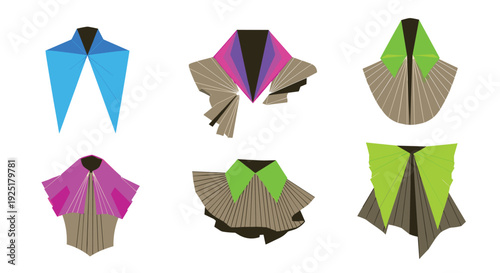 Six abstract fashion collars in geometric shapes and bright colors display pleated and folded designs on a white background.