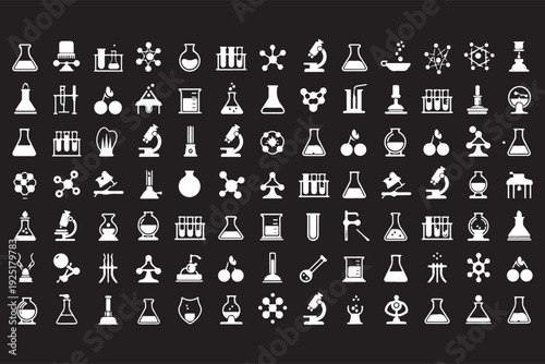 Minimalist illustration featuring alchemy symbols and laboratory equipment