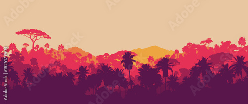Vibrant tropical jungle silhouette with palm trees and layered forest in pink and orange sunset tones, panoramic exotic landscape ideal for travel, adventure, and nature design backgrounds
