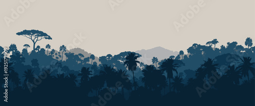 Layered tropical jungle landscape with palm trees and mountains in blue silhouette, vector illustration