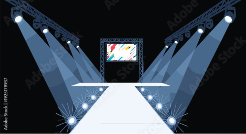A brightly lit fashion show runway extends towards a large screen displaying abstract colorful patterns, surrounded by stage lights on a dark background.