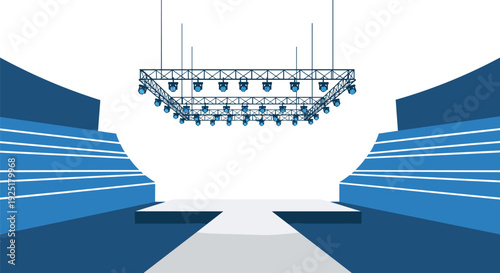 An empty fashion runway stretches between rows of stadium seating under an array of overhead stage lights against a clean white background.