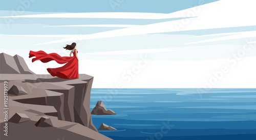 A woman in a long flowing red dress stands on a rugged cliff edge, looking out at the expansive blue ocean under a cloudy sky.