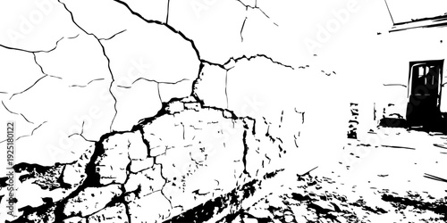 Weathered plaster wall with dramatic crack lines and chipped edges, monochrome texture, distressed urban backdrop, detailed surface erosion, artistic grunge background.