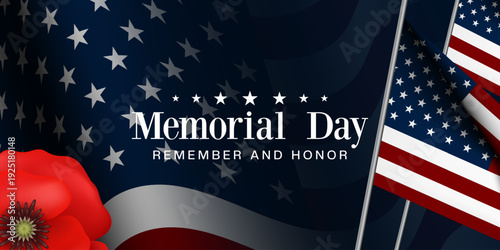 May 25, 2026 is Memorial Day. Flower and american flag. Great for posters, banners, social media and more. Dark blue background.