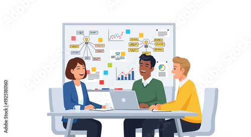 Three happy diverse business colleagues laugh and discuss ideas at a meeting table with a laptop in a modern office.