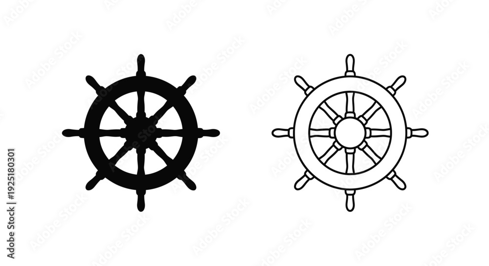 Fototapeta premium Two ship wheels are displayed in black fill and outline styles