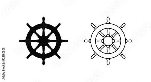 Two ship wheels are displayed in black fill and outline styles